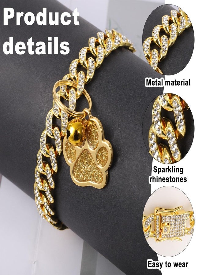 Eldraqth Cat Collar Diamond Cat Chain Collar Metal Pet Necklace with Paw Charm and ID Tag Bell Bling Pet Collars Cuban Link Jewelry Accessories for Small Medium Dogs Cats Puppy Kittens (Gold, 10 Inch) - Image 3